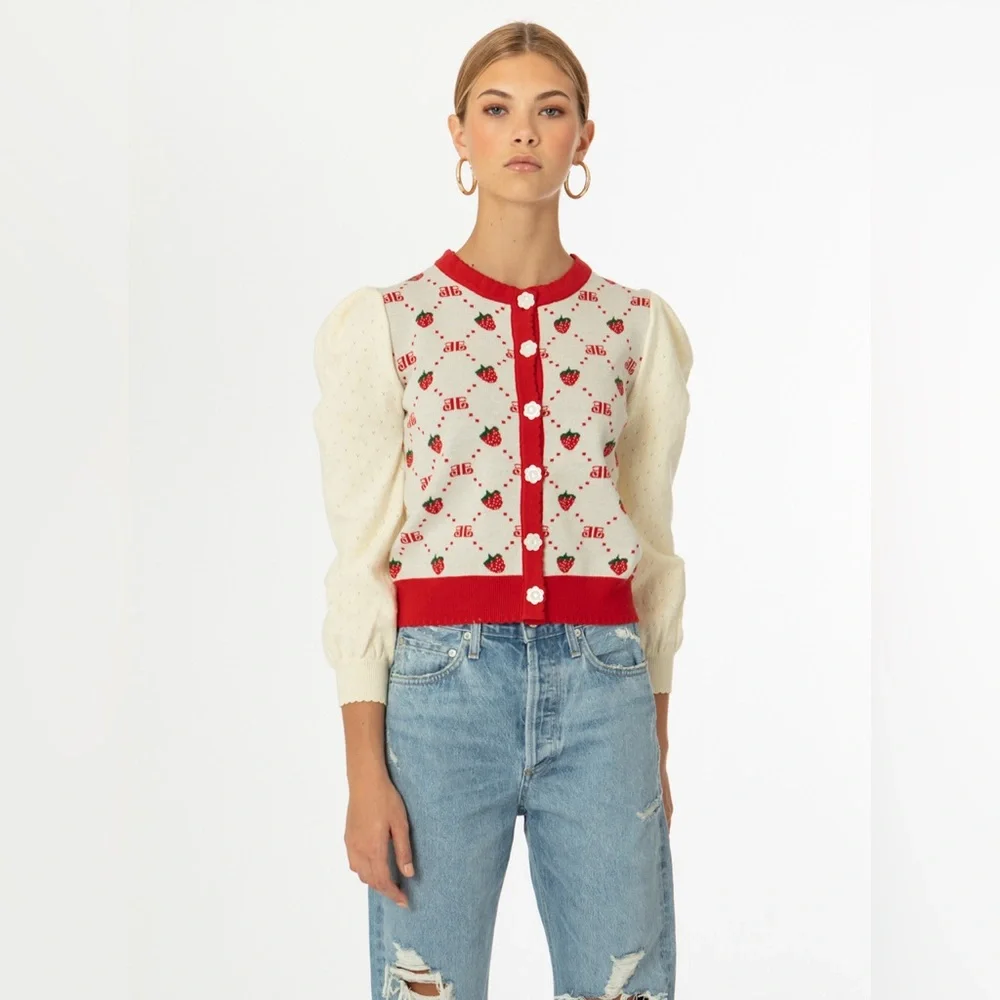 EllandEmm NWOT Strawberry Monogram Cardigan in Cream and Red, Size S/M - Picture 10 of 14